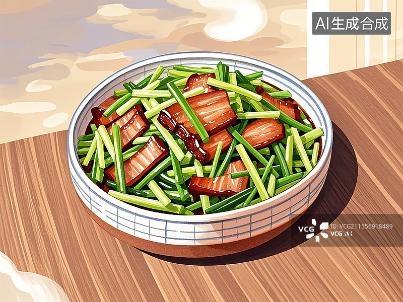 【AI数字艺术】传统美食鄱阳湖藜蒿炒腊肉（“鄱阳湖的草，南昌人的宝”）图片素材