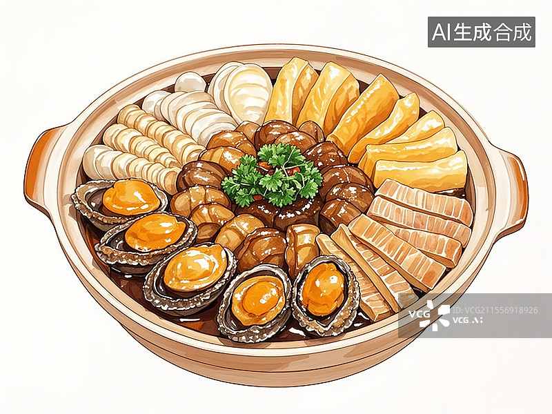【AI数字艺术】传统美食香港盆菜（新界围村节庆，鲍鱼花胶叠层炖）图片素材