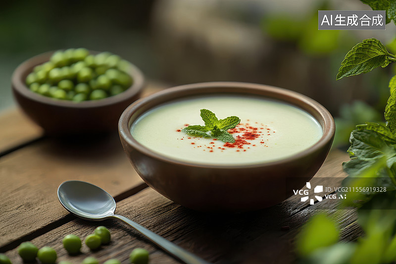 【AI数字艺术】清新豌豆奶油汤的诱惑图片素材
