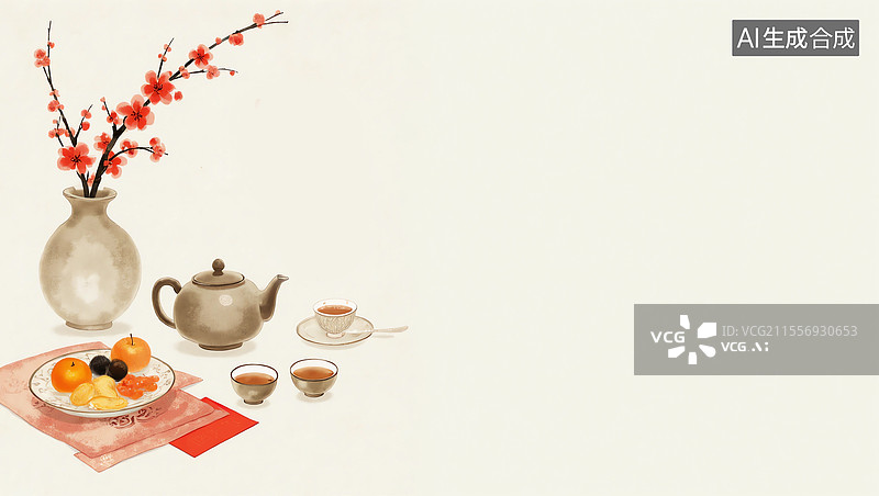 【AI数字艺术】茶水糕点静物画水墨画左侧图片素材