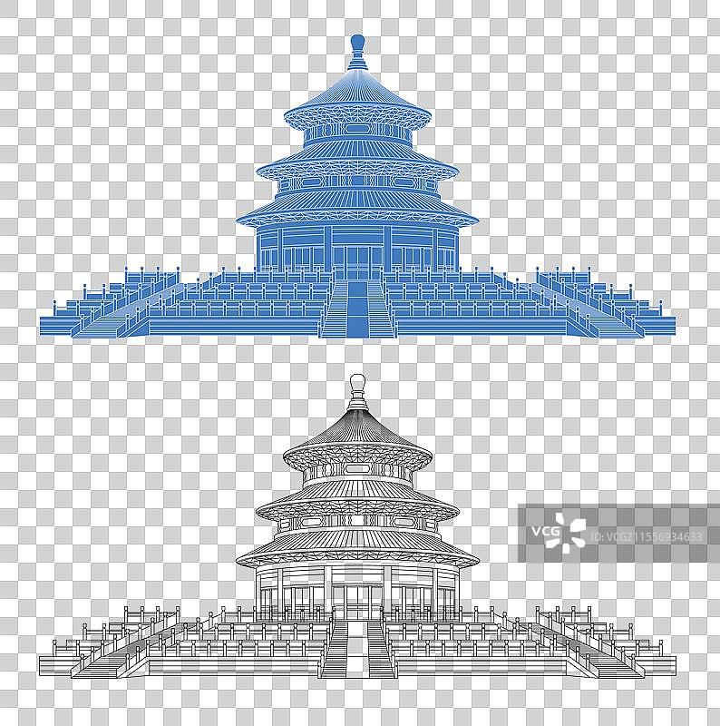 城市地标建筑剪影剪纸风格线条矢量插画—北京 天坛 祈年殿图片素材