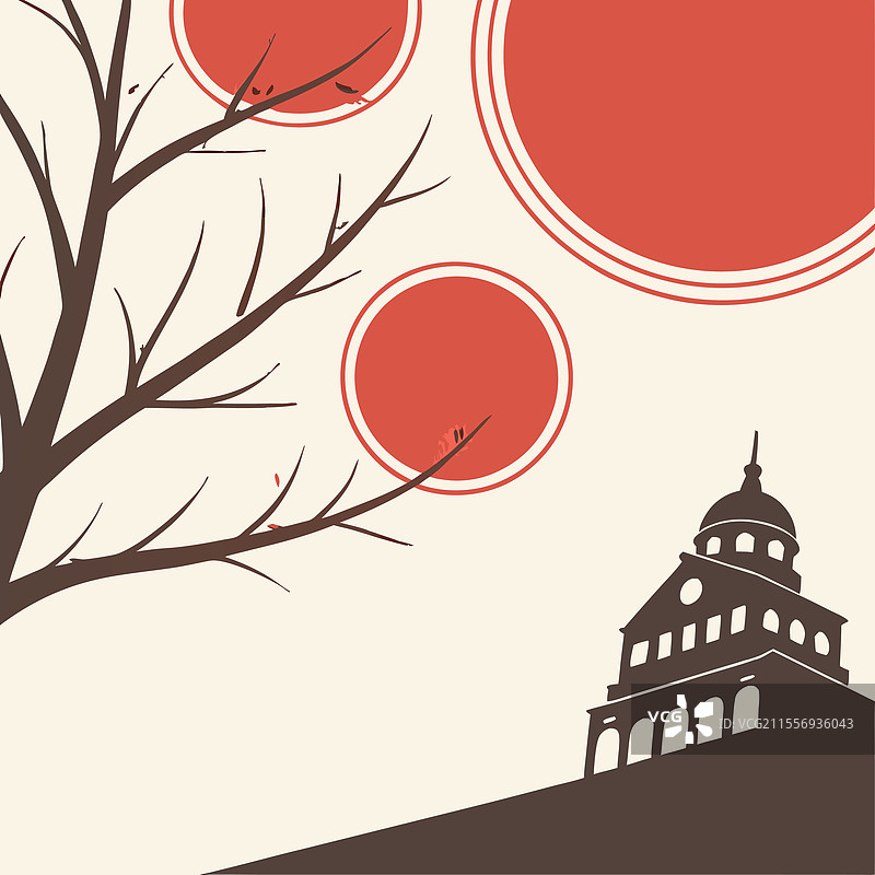 一幅宁静的场景，光秃的树木和一座历史建筑图片素材