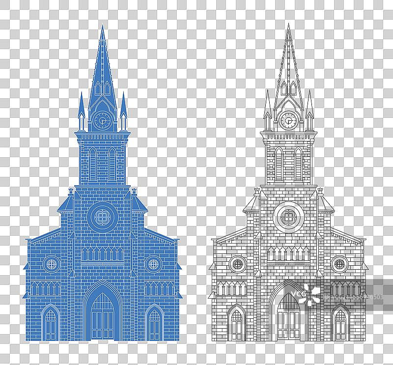 城市地标建筑剪影剪纸风格线条矢量插画—宁波 江北天主教堂图片素材