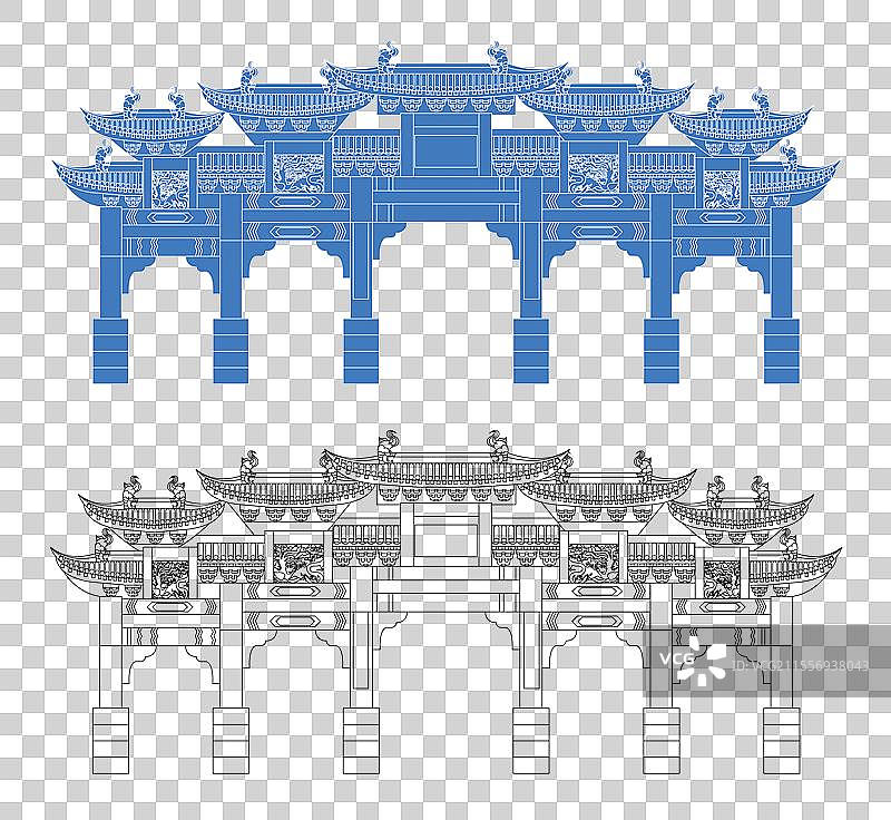 城市地标建筑剪影剪纸风格线条矢量插画—岳阳 圣安寺、圣安古寺图片素材