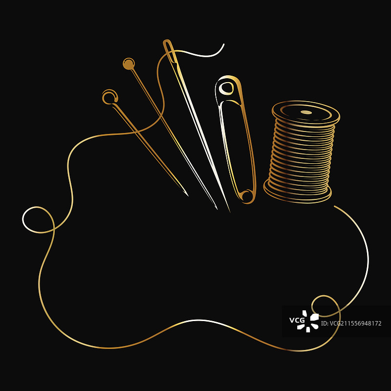 针线、剪刀和金色线轴图片素材