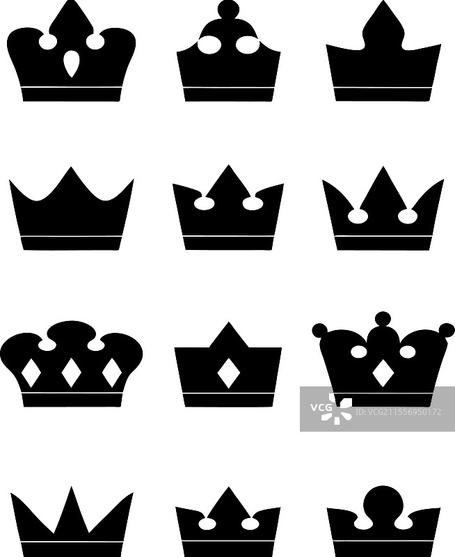 一组黑色王冠图标，象征国王的皇家标志图片素材