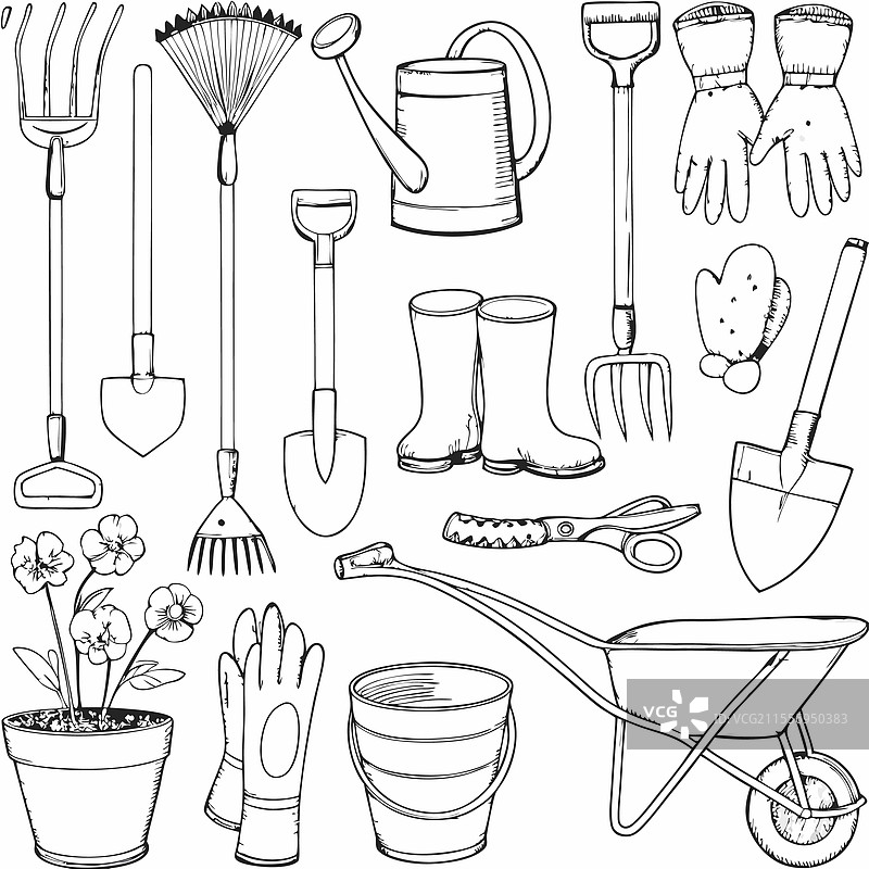 手绘的园艺工具复古花园图片素材