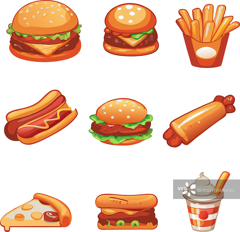 快餐图标集，色彩丰富的汉堡和热狗图片素材