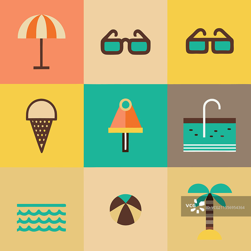 复古夏季假期图标扁平设计套装图片素材