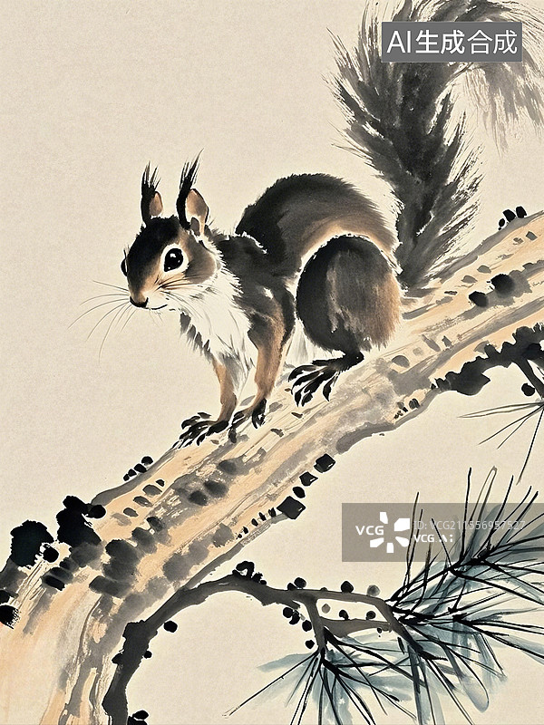 【AI数字艺术】水墨色彩松枝上觅食松鼠动物中国画图片素材