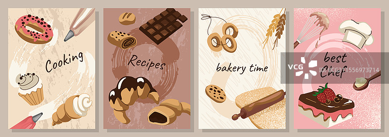 面包店海报：可颂、甜甜圈和蛋糕烹饪图片素材