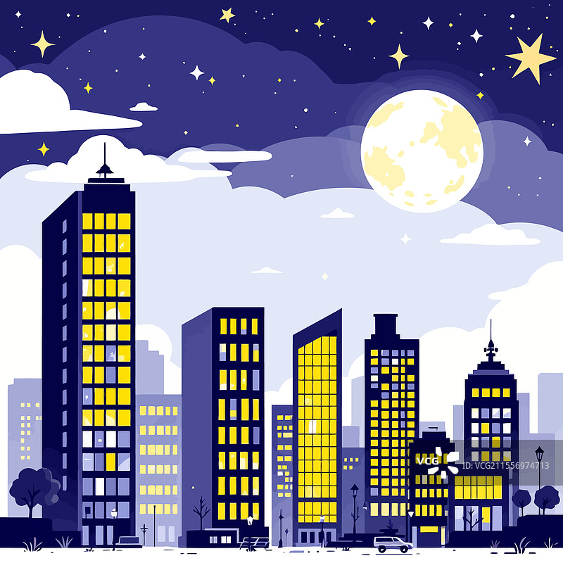 满月照耀着夜晚的城市天际线图片素材