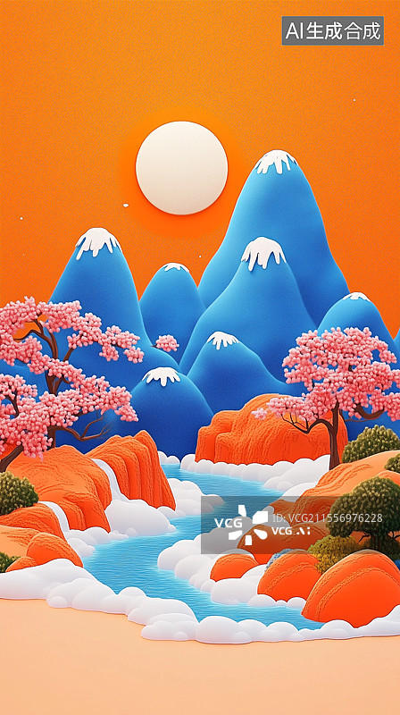 【AI数字艺术】3D卡通梦幻中国风山水插画图片素材