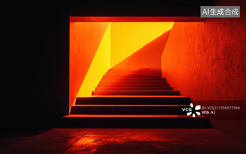 【AI数字艺术】一条通向光明的楼梯，楼梯从黑暗的空间中延伸出去，尽头是一扇明亮的门，发出温暖的橙色光芒。图片素材
