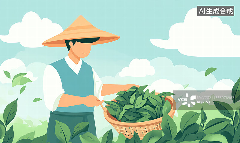 【AI数字艺术】一位穿着传统服饰、戴着斗笠的农民，正在茶园中采摘茶叶。背景是柔和的山峦和云雾。图片素材