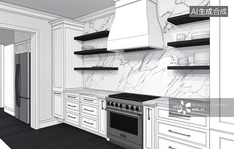 【AI数字艺术】一个现代厨房的场景，背景是大理石纹理的墙面，整体设计简洁而优雅。厨房台面上摆放着各种新鲜蔬菜和食材。图片素材