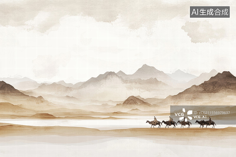 【AI数字艺术】一队骆驼在湖边行走的场景，背景是连绵的山脉。画面色调柔和，给人一种宁静而古老的感觉。图片素材