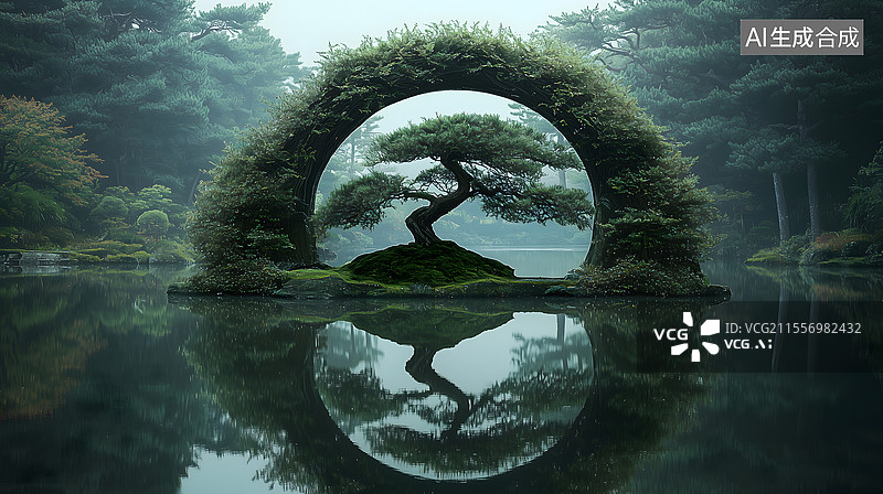 【AI数字艺术】禅意水境中的生命之环图片素材