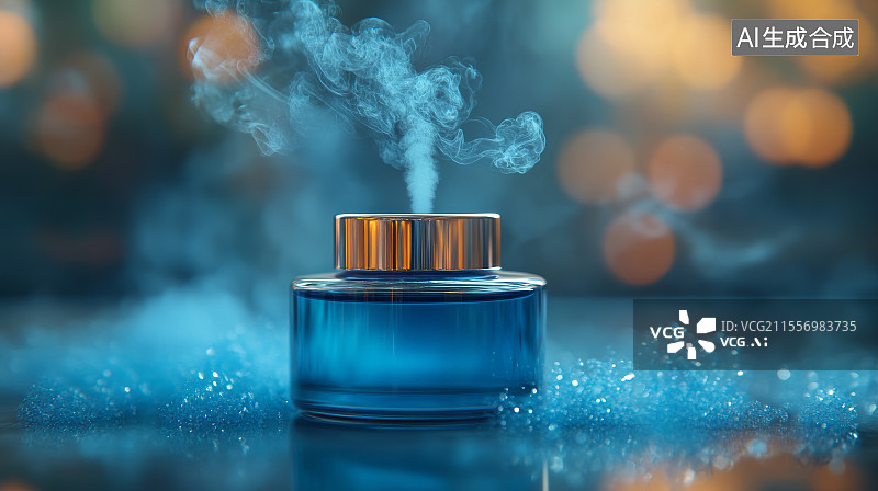 【AI数字艺术】蓝色香水瓶在梦幻灯光背景下蒸汽弥漫图片素材