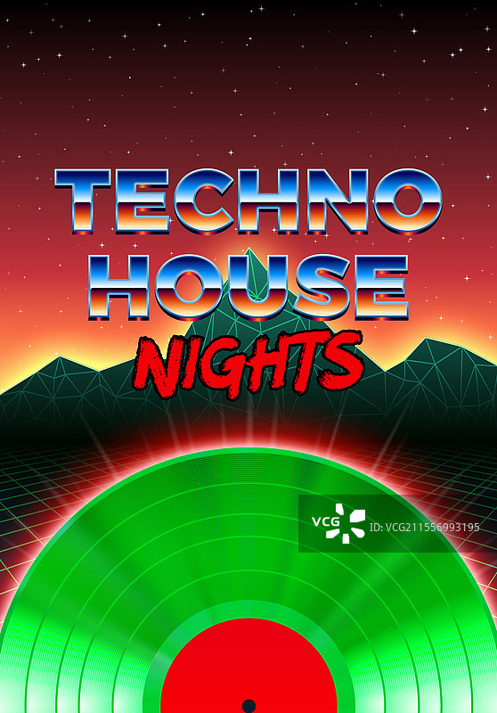 80年代派对海报，橙色背景和绿色元素图片素材