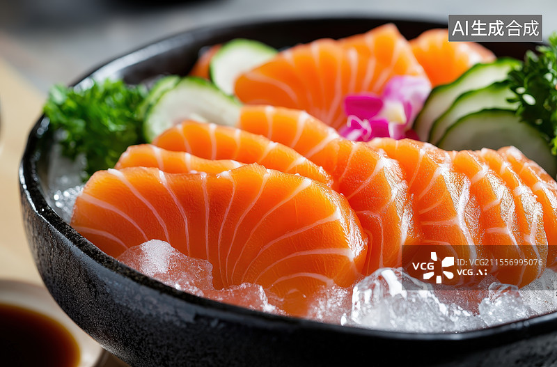 【AI数字艺术】桌面上美味的三文鱼生鱼片摆盘图片素材