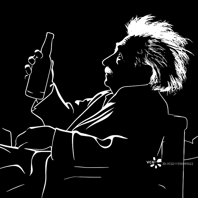 爱因斯坦在喝啤酒，显得很放松。图片素材