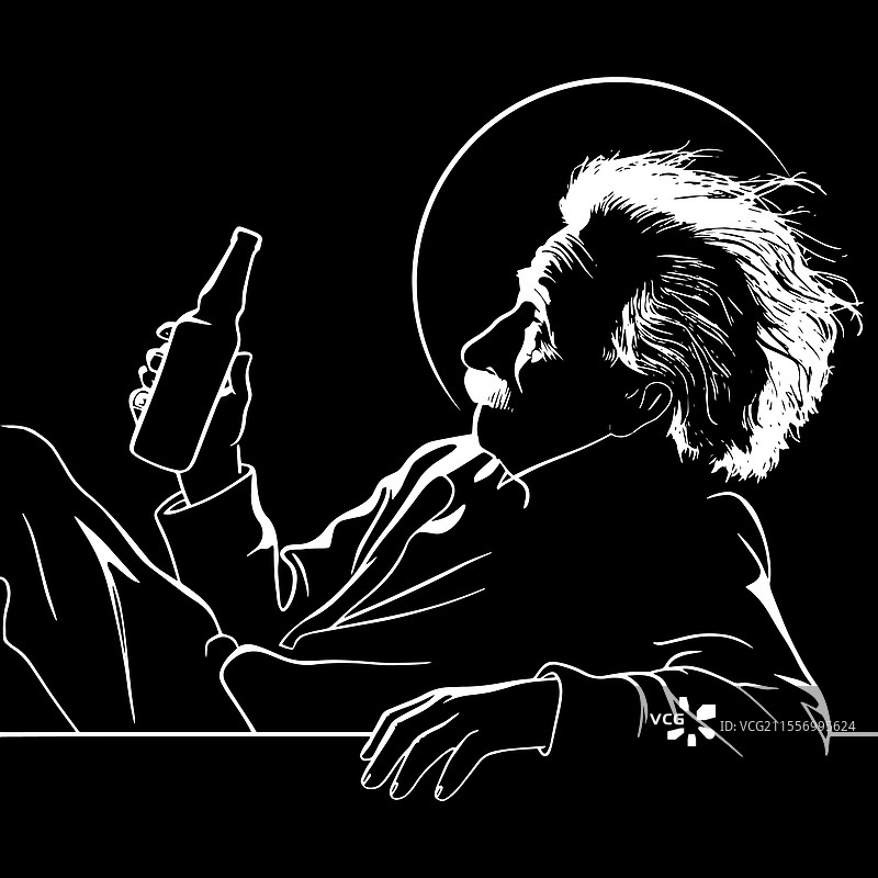 爱因斯坦在喝啤酒，显得很放松。图片素材