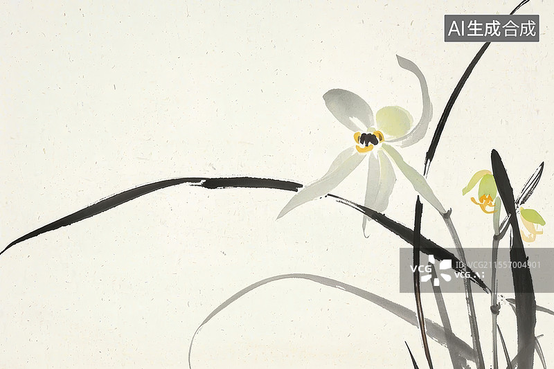 【AI数字艺术】菊花国风水墨画模版背景居右图片素材