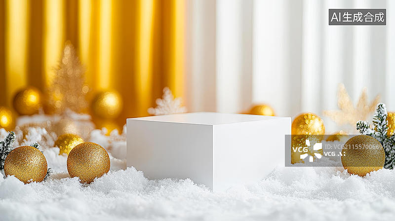 【AI数字艺术】圣诞节展示台摆放金色装饰品图片素材