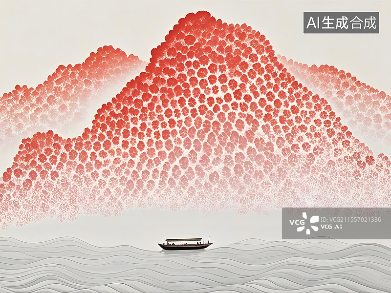 【AI数字艺术】红山远黛水波轻舟图片素材