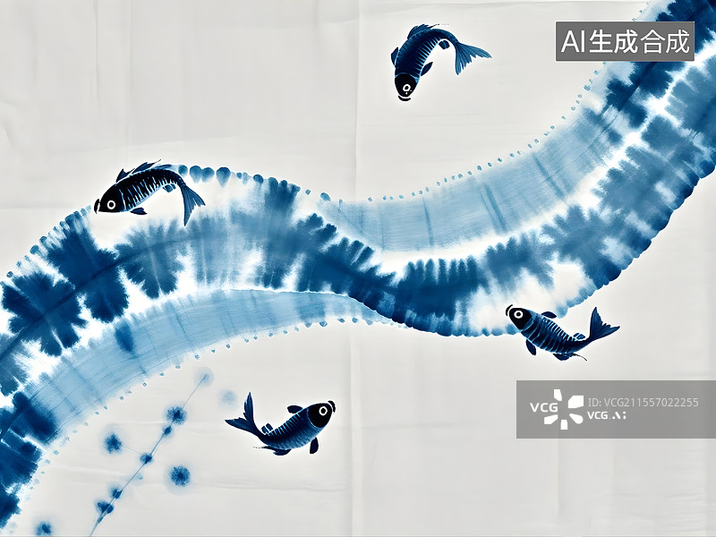 【AI数字艺术】水墨蓝鱼戏水图图片素材