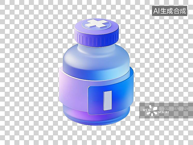 【AI数字艺术】3D渲染，药瓶，药剂，蓝色透明磨砂玻璃质感，医院医疗医药安全免抠元素图片素材
