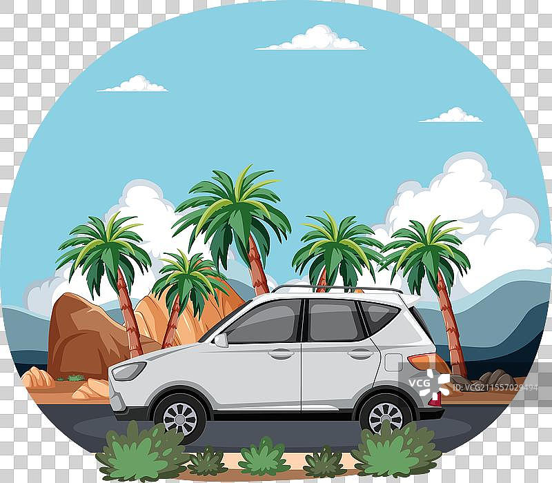 一辆车在棕榈树之间图片素材