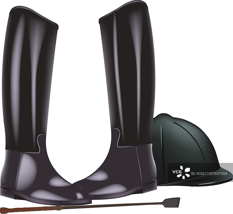 黑色皮革骑马靴、头盔和马鞭图片素材