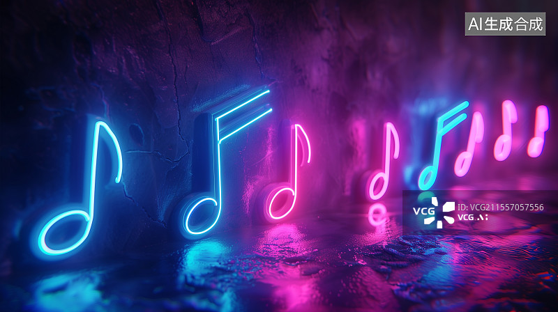 【AI数字艺术】霓虹灯颜色的发光音乐符号图片素材