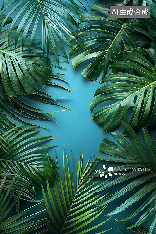 【AI数字艺术】蓝色背景上围绕着树叶图片素材