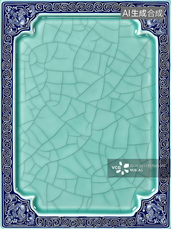 【AI数字艺术】宋代汝窑冰裂纹陶瓷边框 黛青回形纹禅意背景 文房四宝包装设计素材图片素材