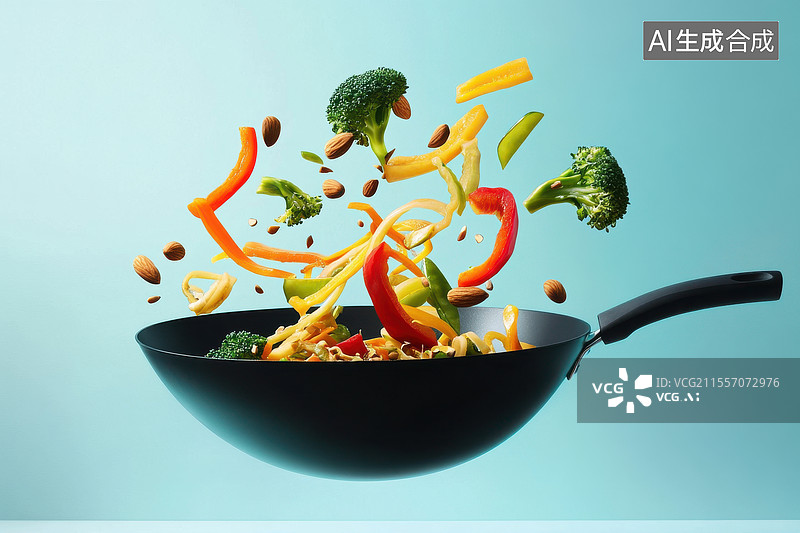 【AI数字艺术】飞舞的蔬菜与中式炒锅图片素材