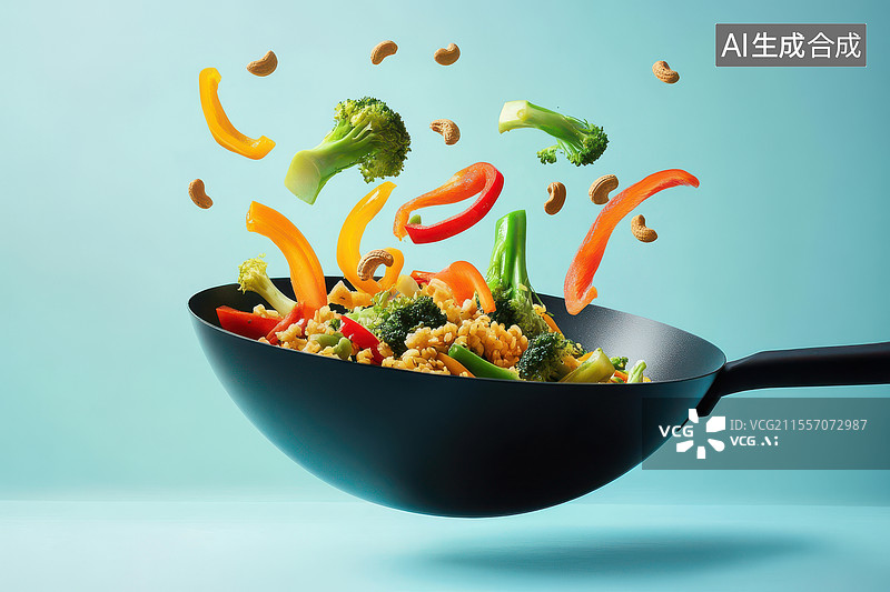 【AI数字艺术】飞舞的蔬菜与中式炒锅图片素材
