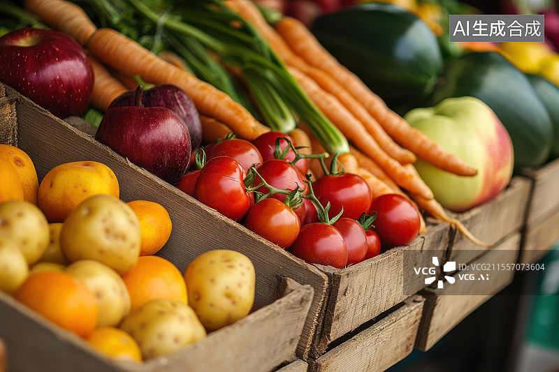 【AI数字艺术】货架上彩色的鲜艳果蔬图片素材