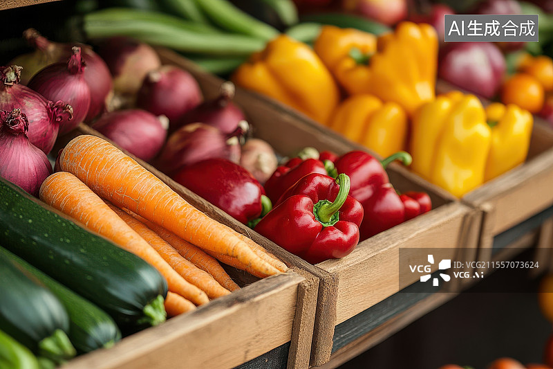 【AI数字艺术】货架上彩色的鲜艳果蔬图片素材