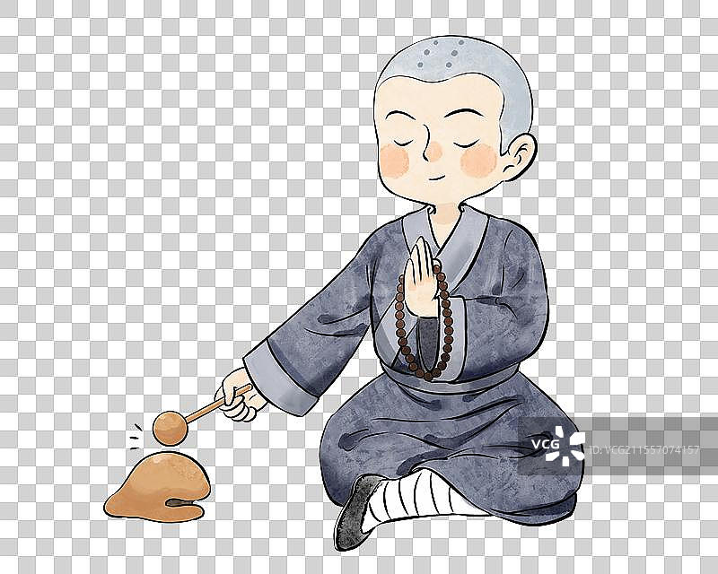 一个和尚在敲木鱼打坐人物卡通手绘插画元素图片素材
