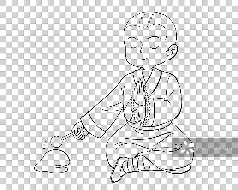 一个和尚在敲木鱼打坐人物卡通手绘插画元素图片素材