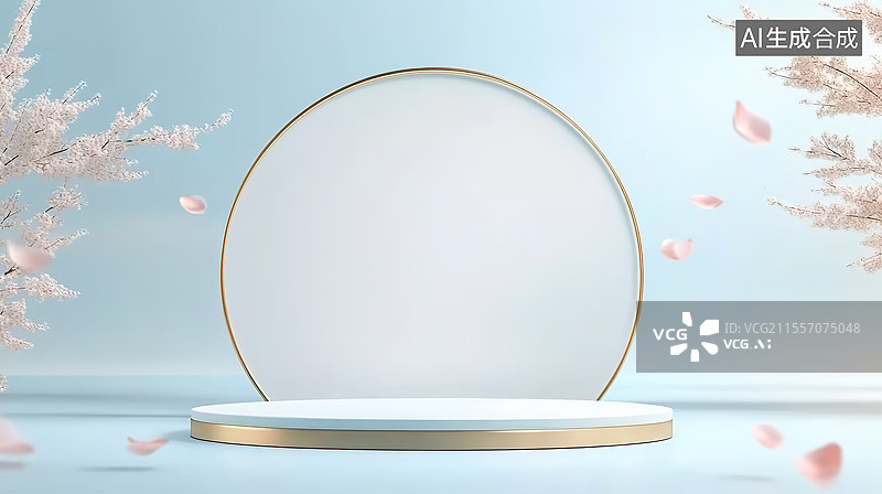 【AI数字艺术】3D渲染粉色花瓣春天主题产品展台图片素材