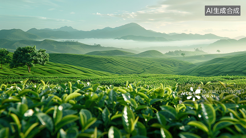 【AI数字艺术】茶园风景和茶树茶叶特写图片素材