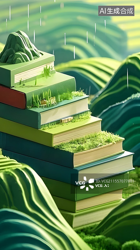【AI数字艺术】3D微距移轴风格书本服装谷雨节气创意画面图片素材