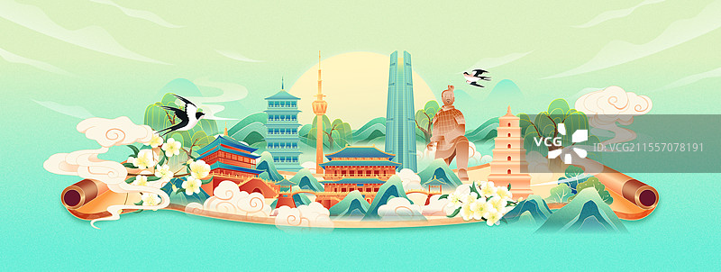国风清明节气西安城市建筑矢量插画图片素材