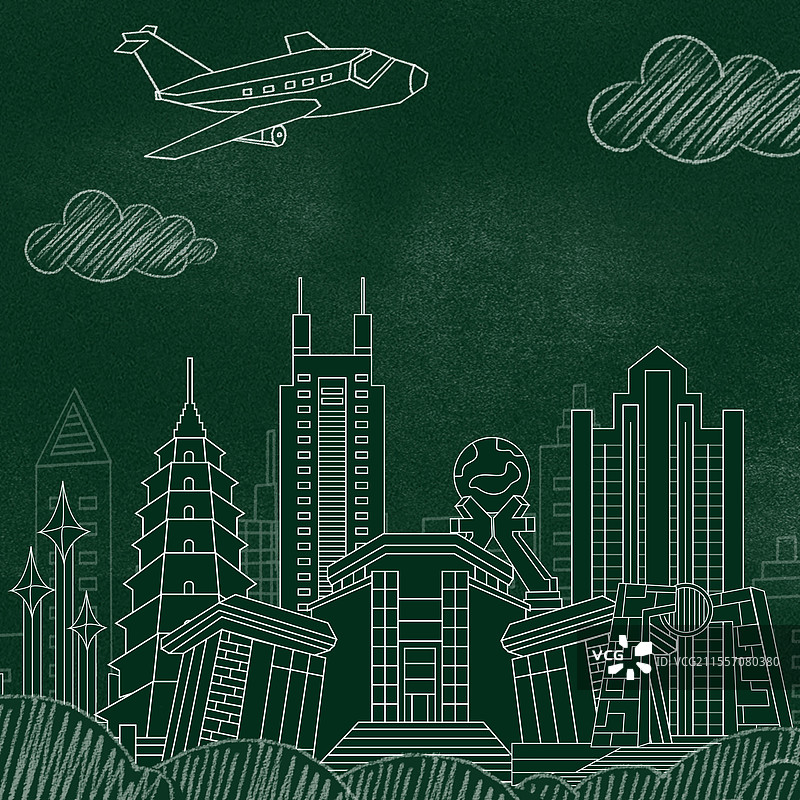 汕头黑板报粉笔城市文字黑板画城市建筑地标图片素材