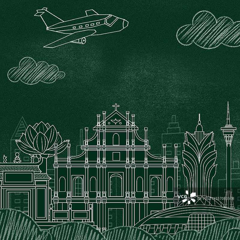 澳门黑板报粉笔城市文字黑板画城市建筑地标图片素材