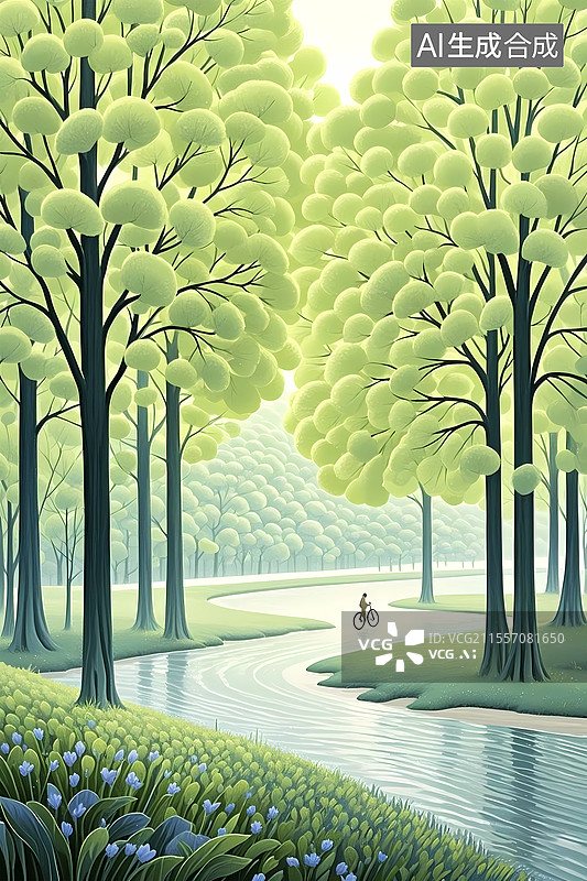 【AI数字艺术】清新森林旅游季自行车踏青郊游图片素材